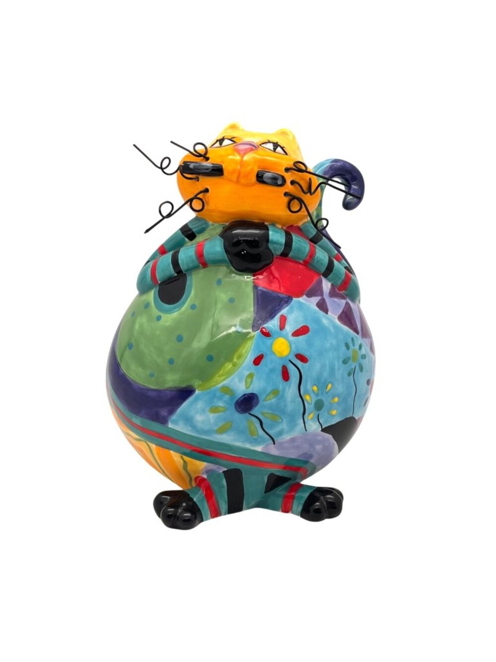 Catitudes By Joyce Shelton Ceramic Cat Figurine Colorful Patchwork Design 7"